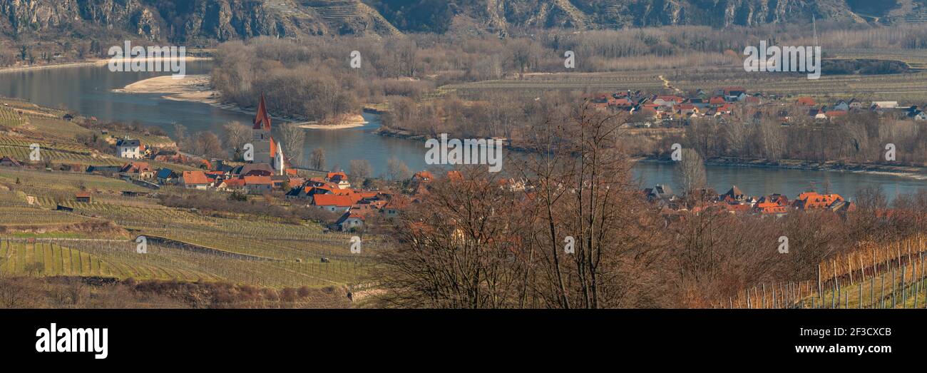 Weissenkirchen Wachau Austria on a sunny day in winter vineyards and river Danube Stock Photo