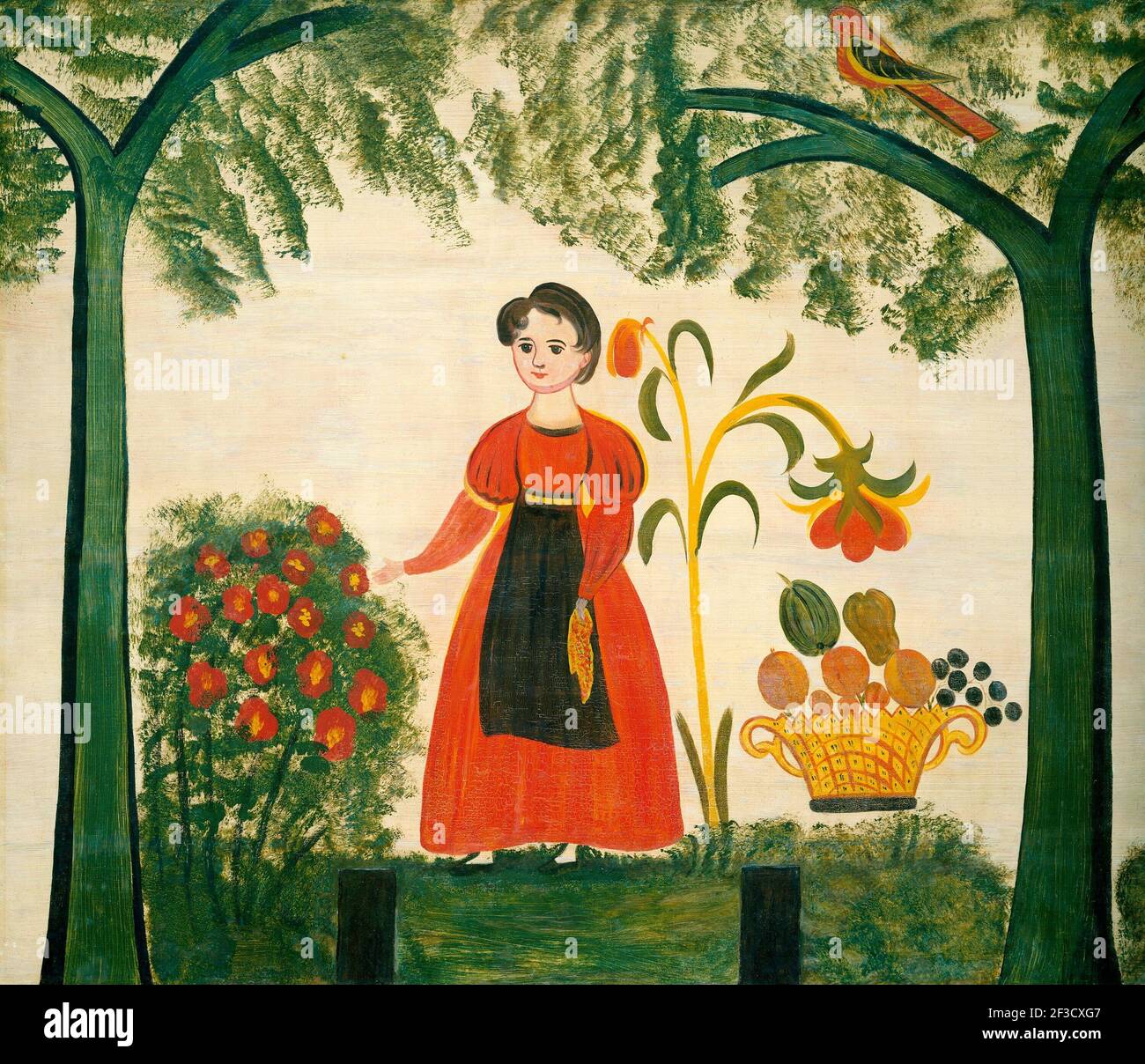 Girl in Red with Flowers and a Distelfink, c. 1830. Stock Photo
