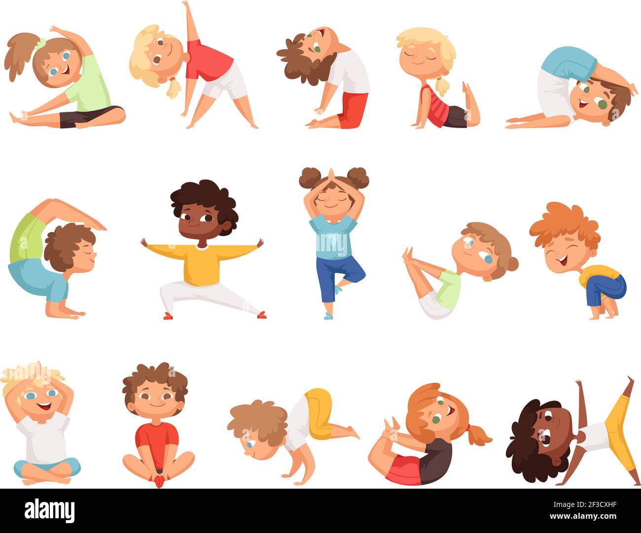 Yoga kids. Children making exercises in different poses healthy sport vector cartoon characters Stock Vector