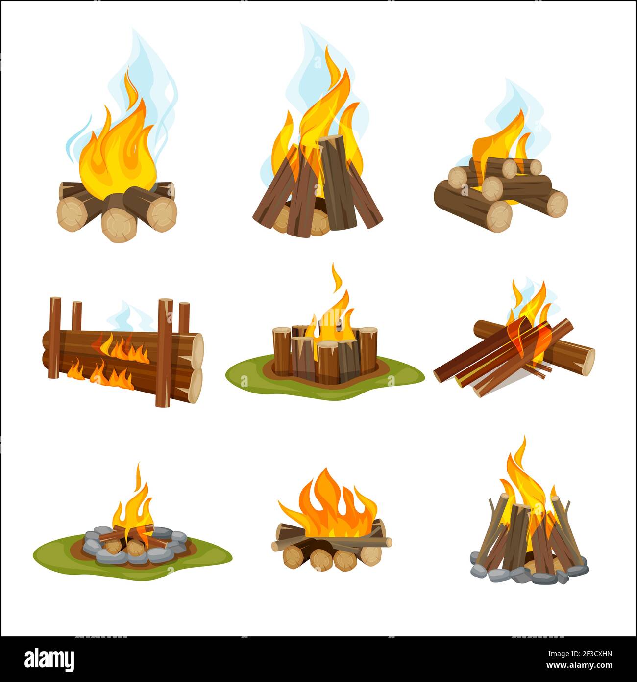 Fire camp. Wooden fireplace bonfire light hiking symbols travel collection natural flame vector cartoon collection Stock Vector