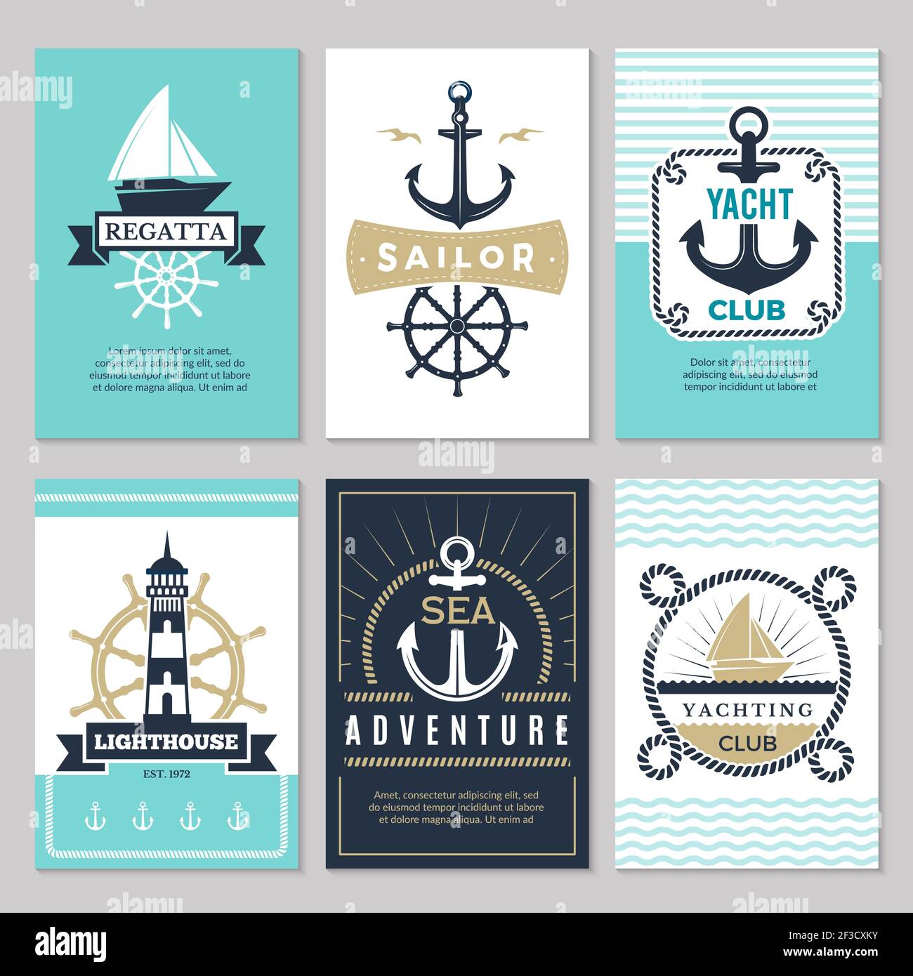 Nautical cards. Marine vintage logotypes sea rope knot anchor ship ocean decorative symbols for labels background Stock Vector
