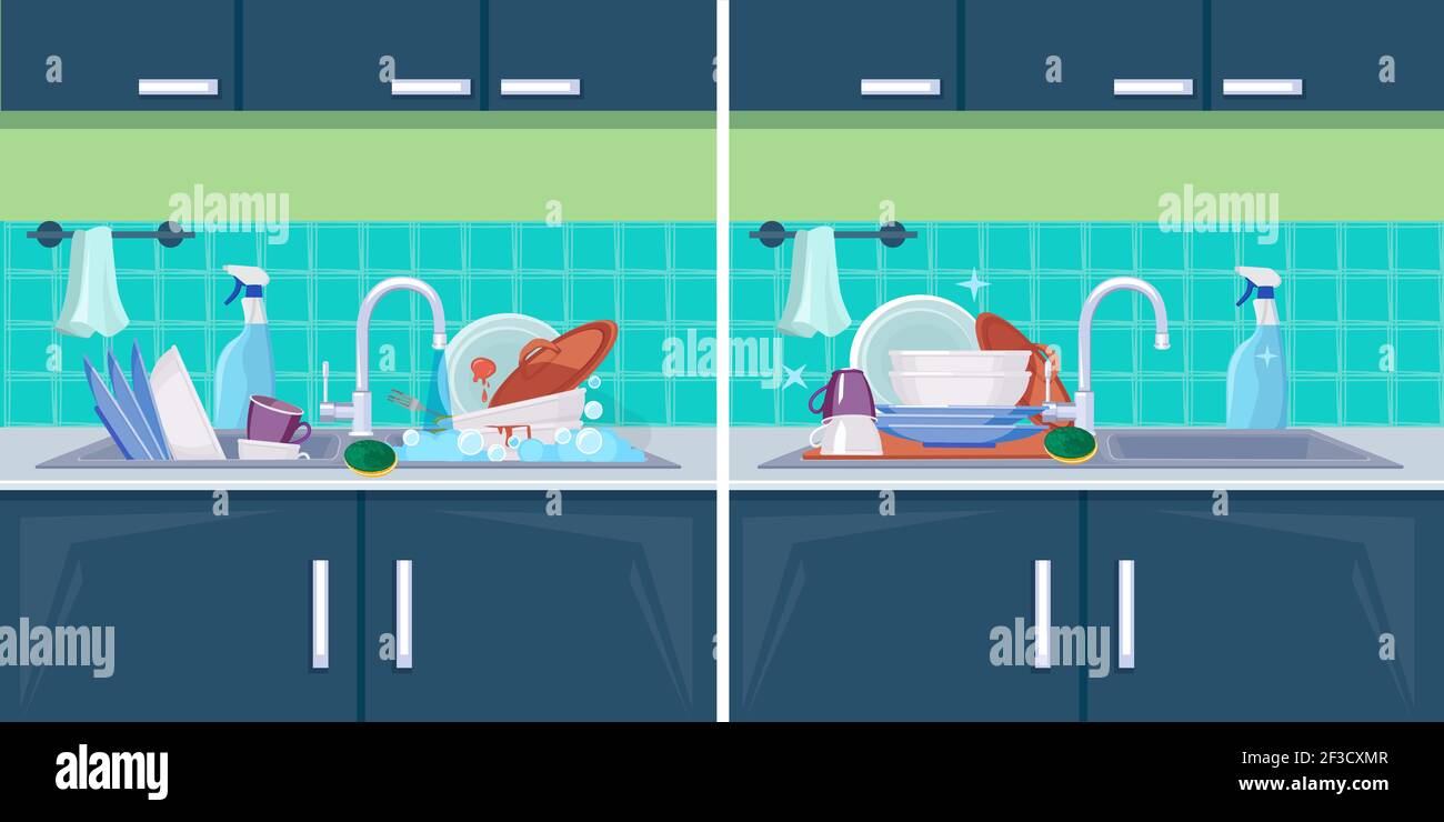 Clean and dirty dish. Sink with kitchenware items for washing cleaning  vector cartoon background Stock Vector Image & Art - Alamy