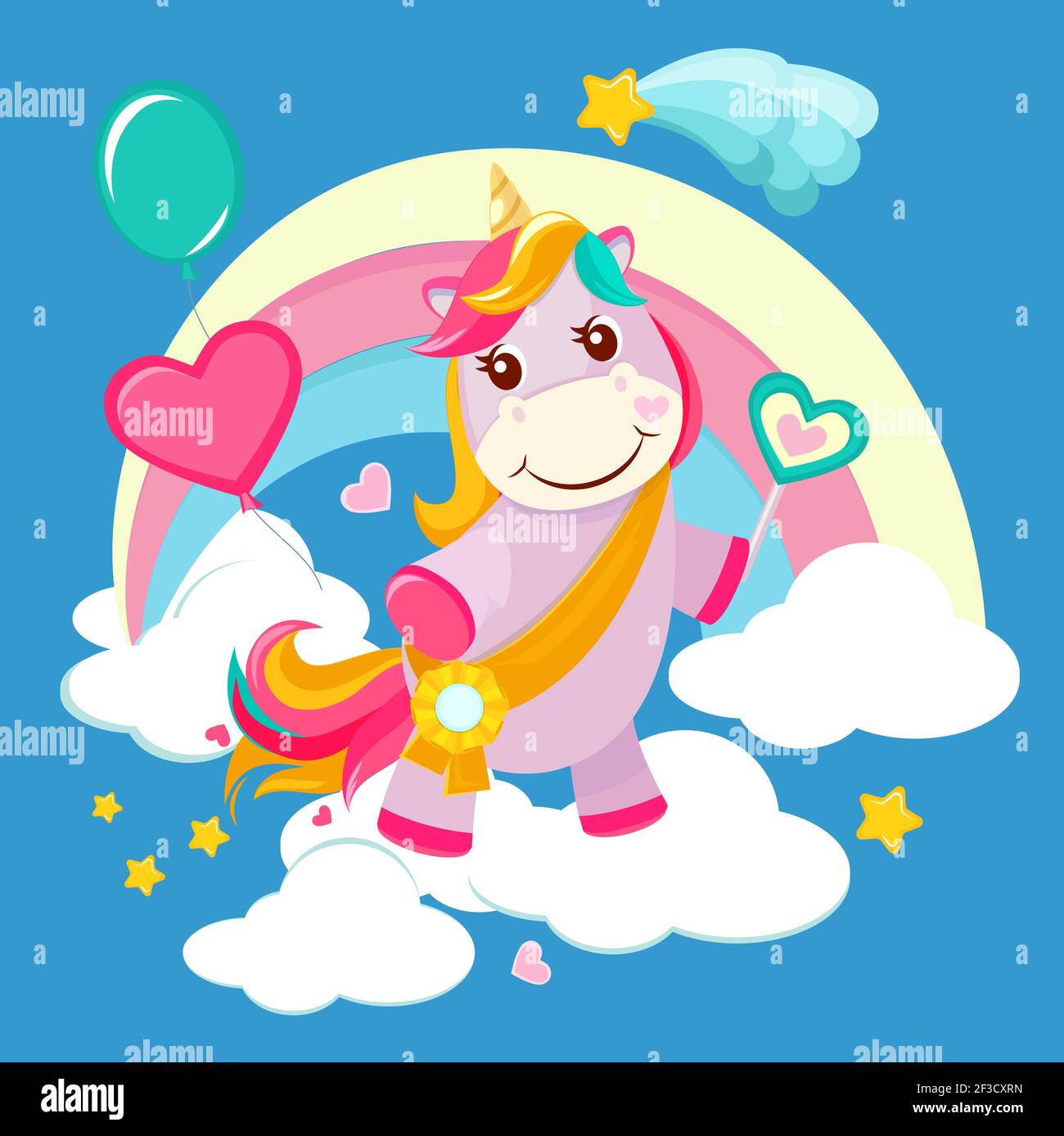 Unicorn background. Fairy tale cute little horse standing on fantasy  rainbow magical birthday vector picture for girls Stock Vector Image & Art  - Alamy