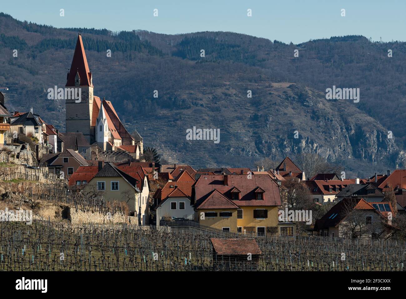 Weissenkirchen Wachau Austria on a sunny day in winter, village and vineyards Stock Photo