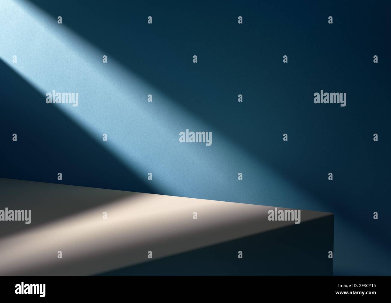 3D illustration of horizontally divided blue and beige product background lit by diagonal light stripe. Stock Photo