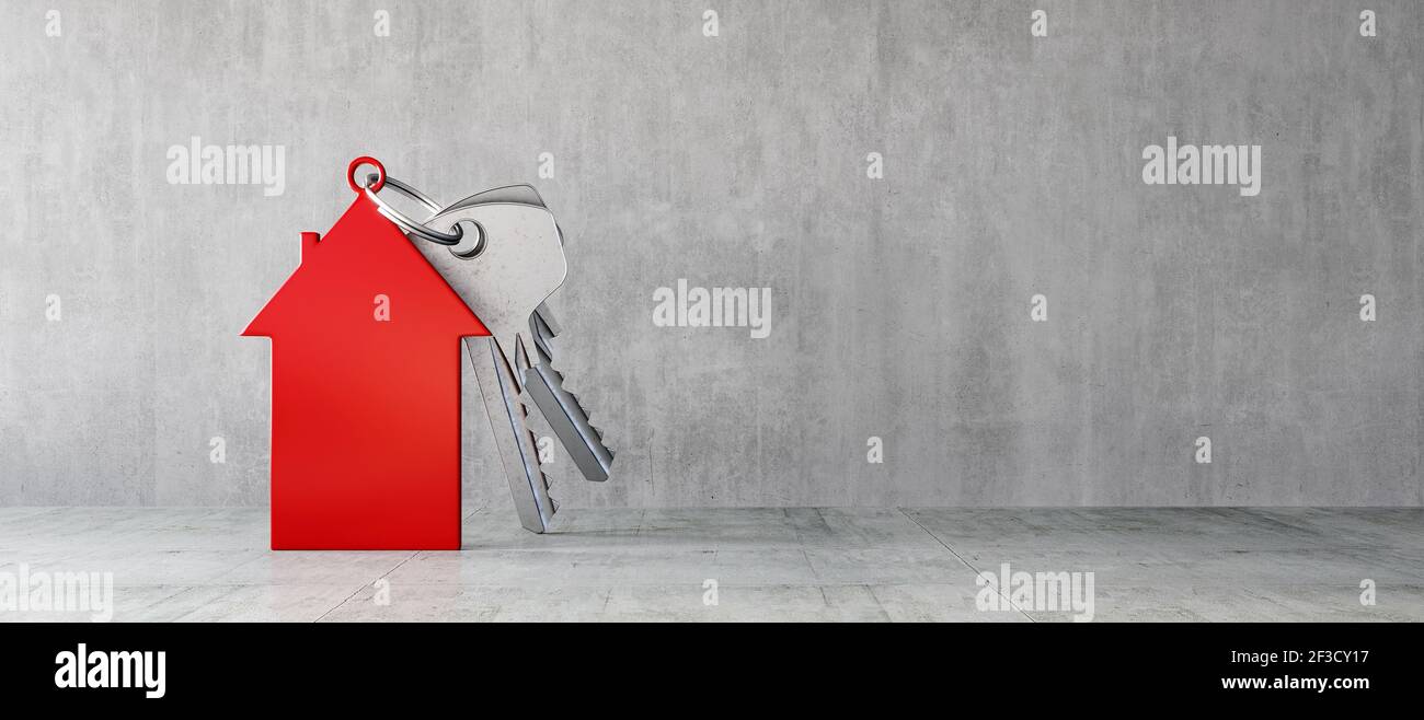 Red house symbol with silver door keys in concrete modern interior 3D Rendering, 3D Illustration Stock Photo