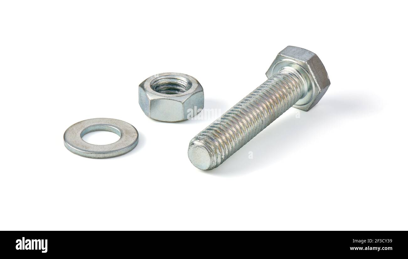 Bolt, nut and washer isolated on a white background, photo stacking