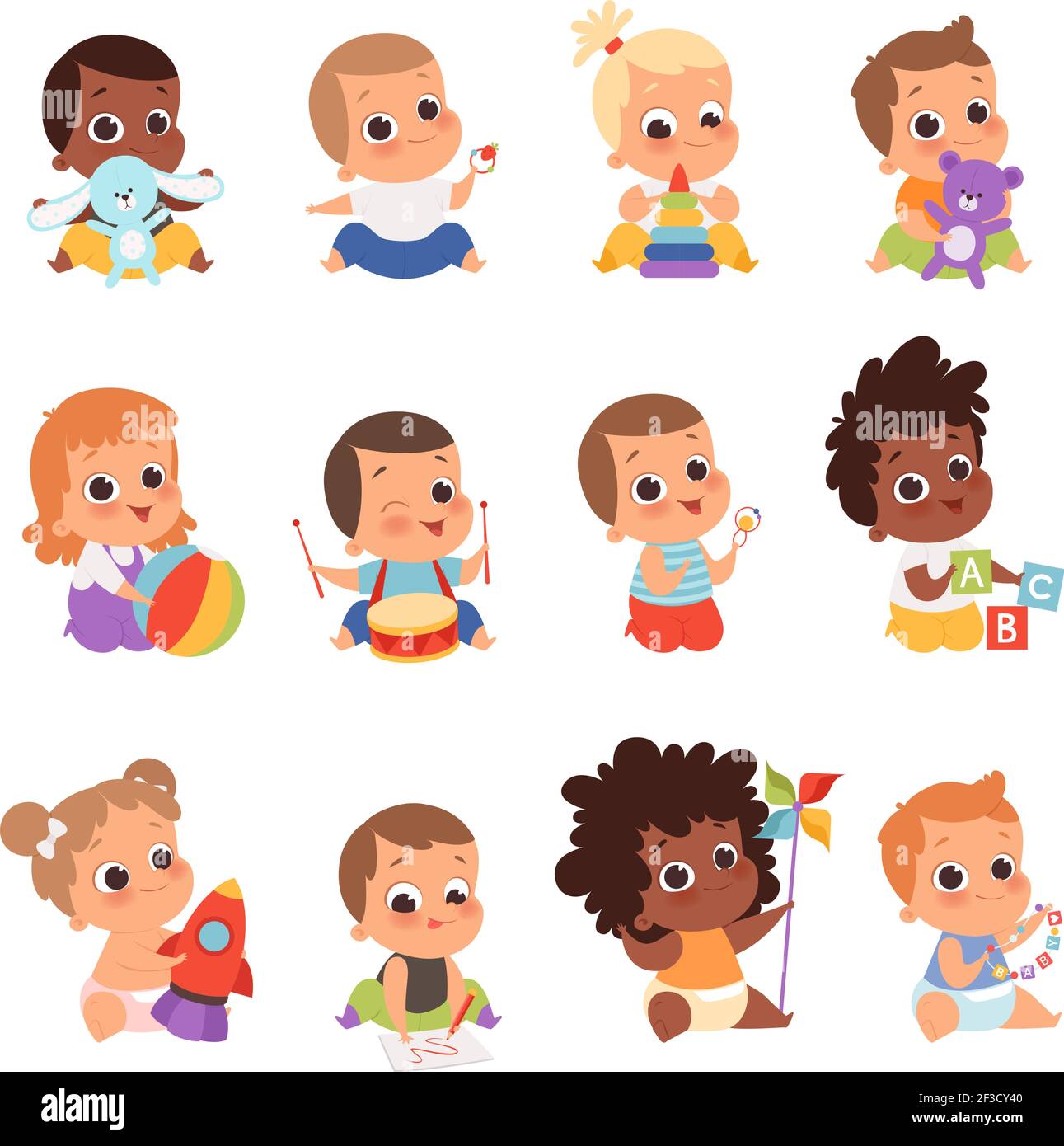Baby characters. New born kids playing toys happy childhood small little one vector babies Stock Vector