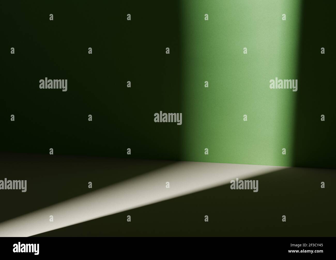 Thin stripe of light illuminating horizontally divided background. White and green. Computer rendering product background. Stock Photo