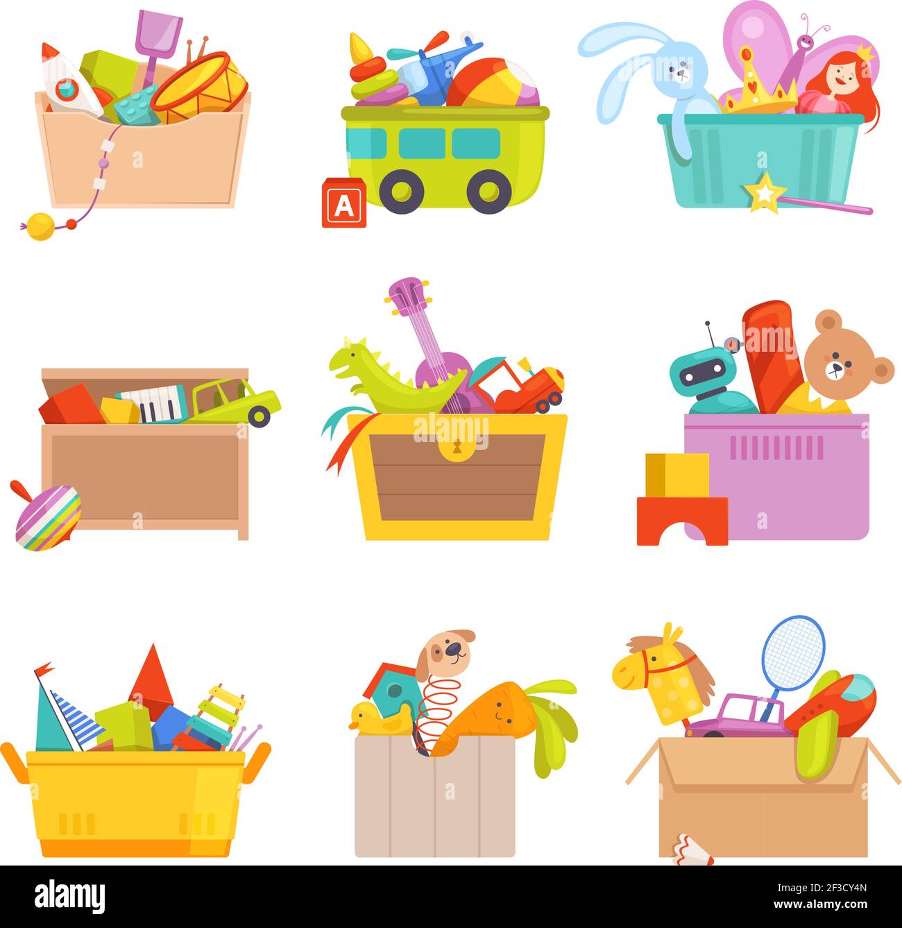 Toys box. Gifts for kids in package many toys car rocket train vector cartoon illustrations Stock Vector