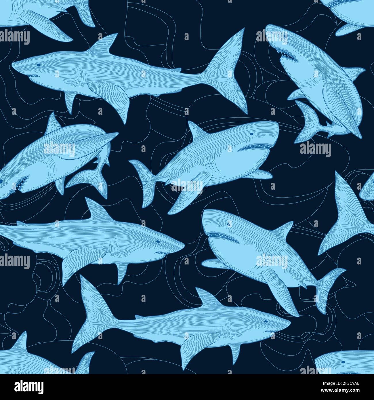 Shark pattern. Nautical ocean sea scare big fish animal tropical seamless background Stock Vector