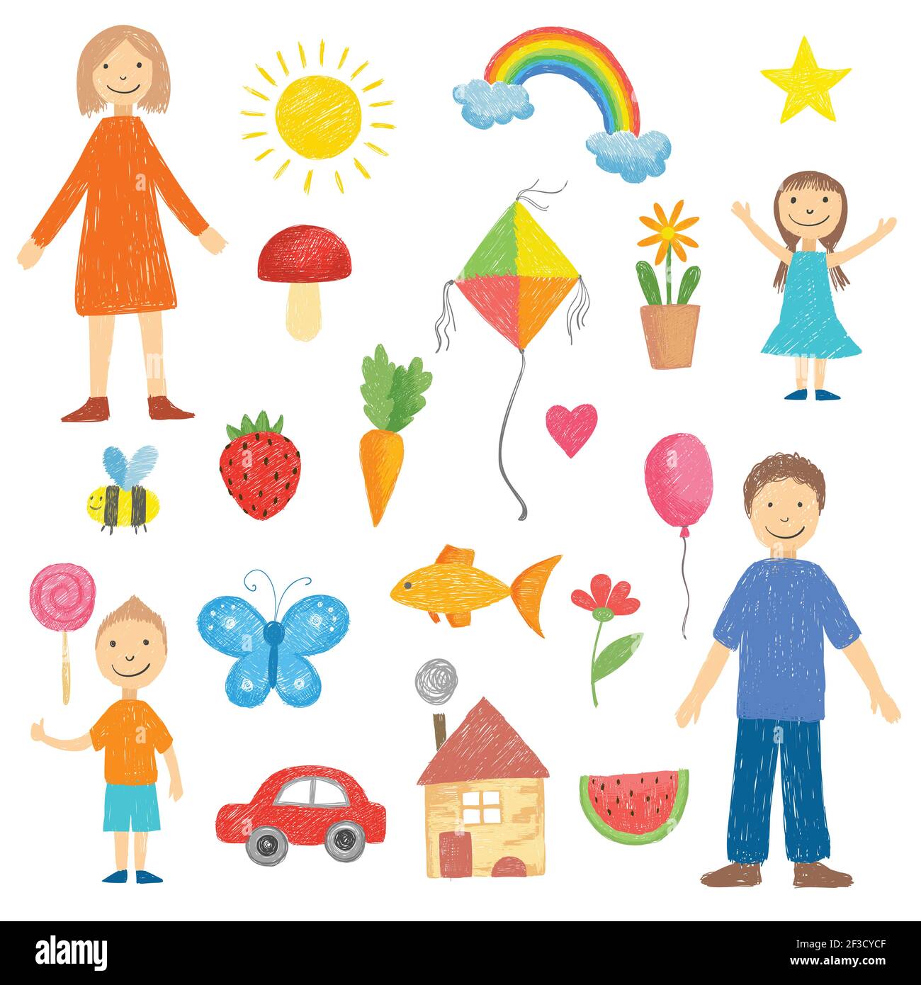 Children drawings. Colored crayon picture of kids hand drawn house