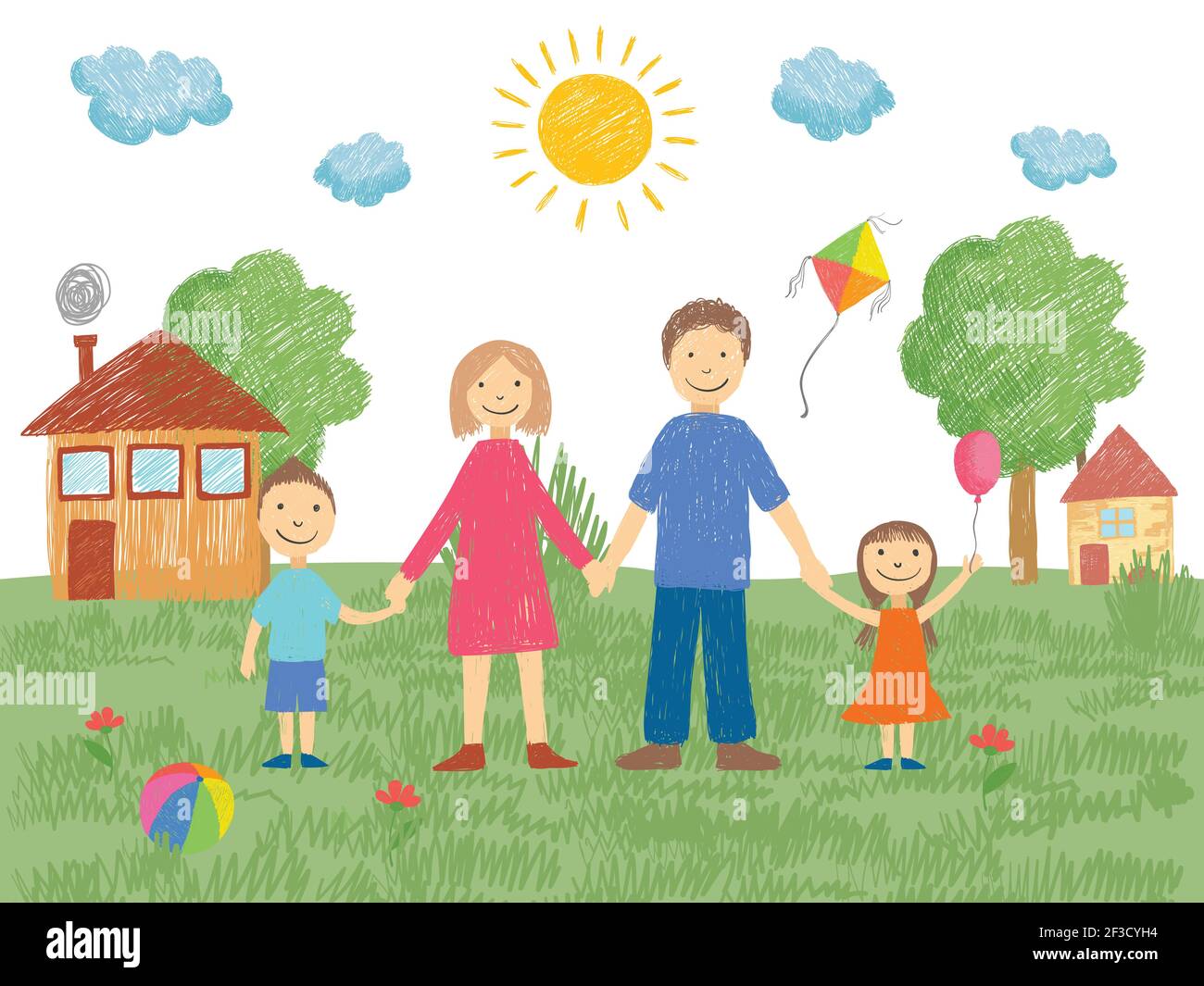 Kids drawing Happy family Mother, father, sister, brother Boy and girl with  parents Young son and daughter with mother and father Children illustration  Stock Illustration | Adobe Stock