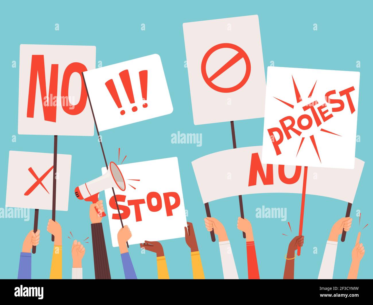 Protestors banners. Hand holding blank placards of political manifestation signs vector background concept Stock Vector