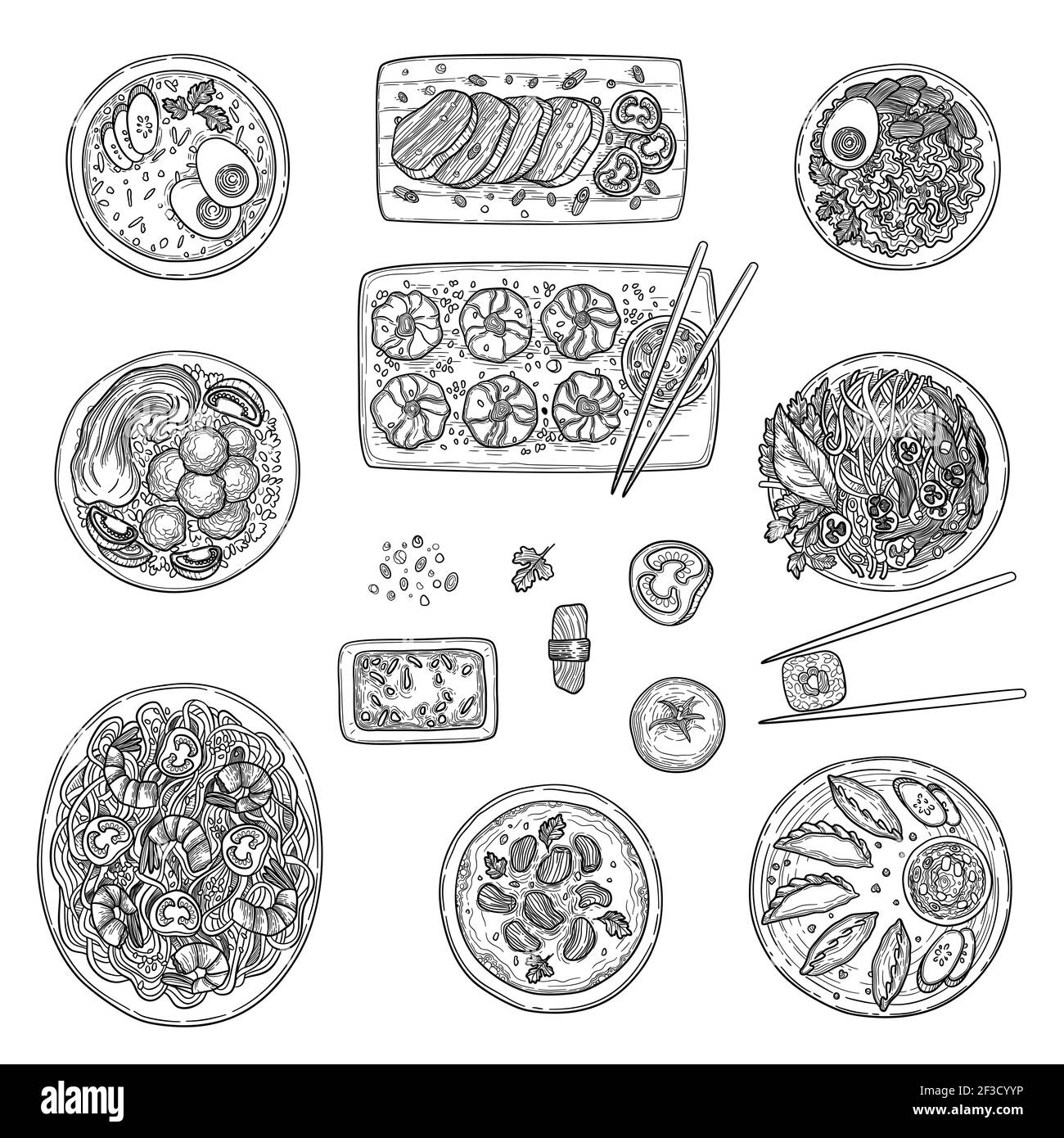 Asian kitchen. Chinese national cusine food top view korean oriental menu vector collection Stock Vector