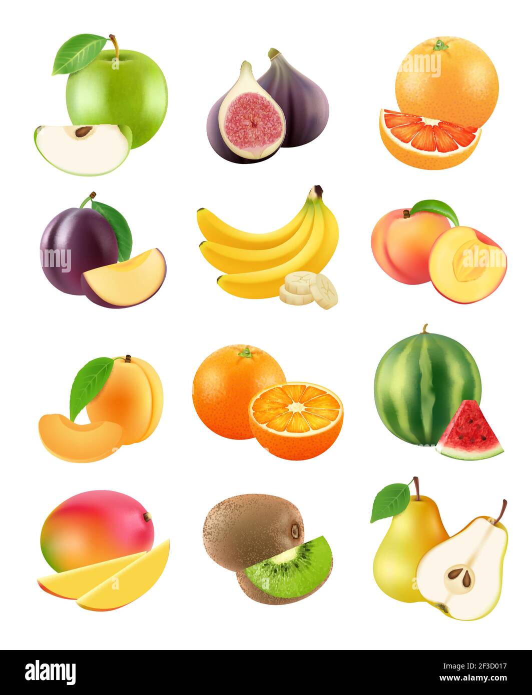 Sliced fruits. Vegetarian food agriculture objects plum orange banana pear kiwi apricot apple orange vector realistic Stock Vector