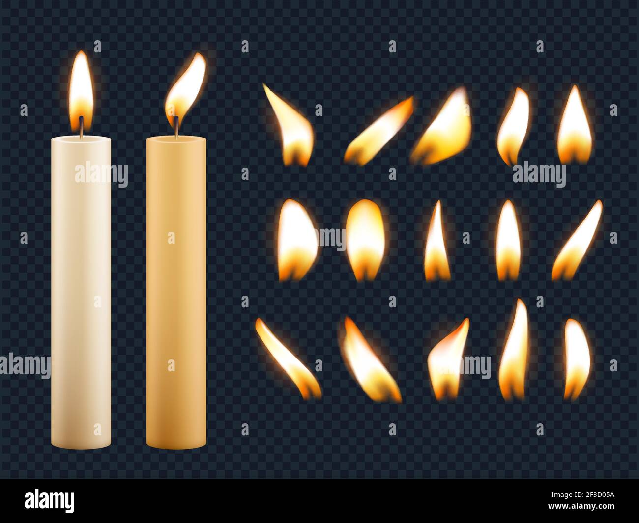 Wax candles. Romantic lights from candle flame different shapes of fuse