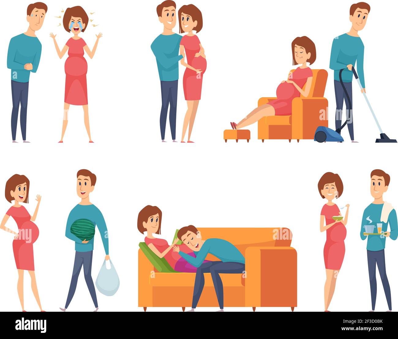 Pregnant couples. Happy young family mother and father husband near happy pregnant wife vector characters Stock Vector