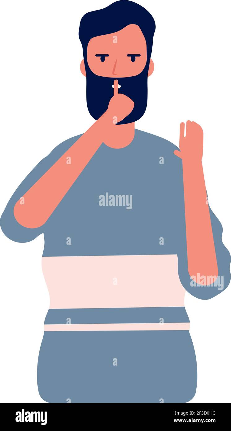 Shh male. Man with hand gesture near mouth symbol keep quiet vector concept character Stock Vector