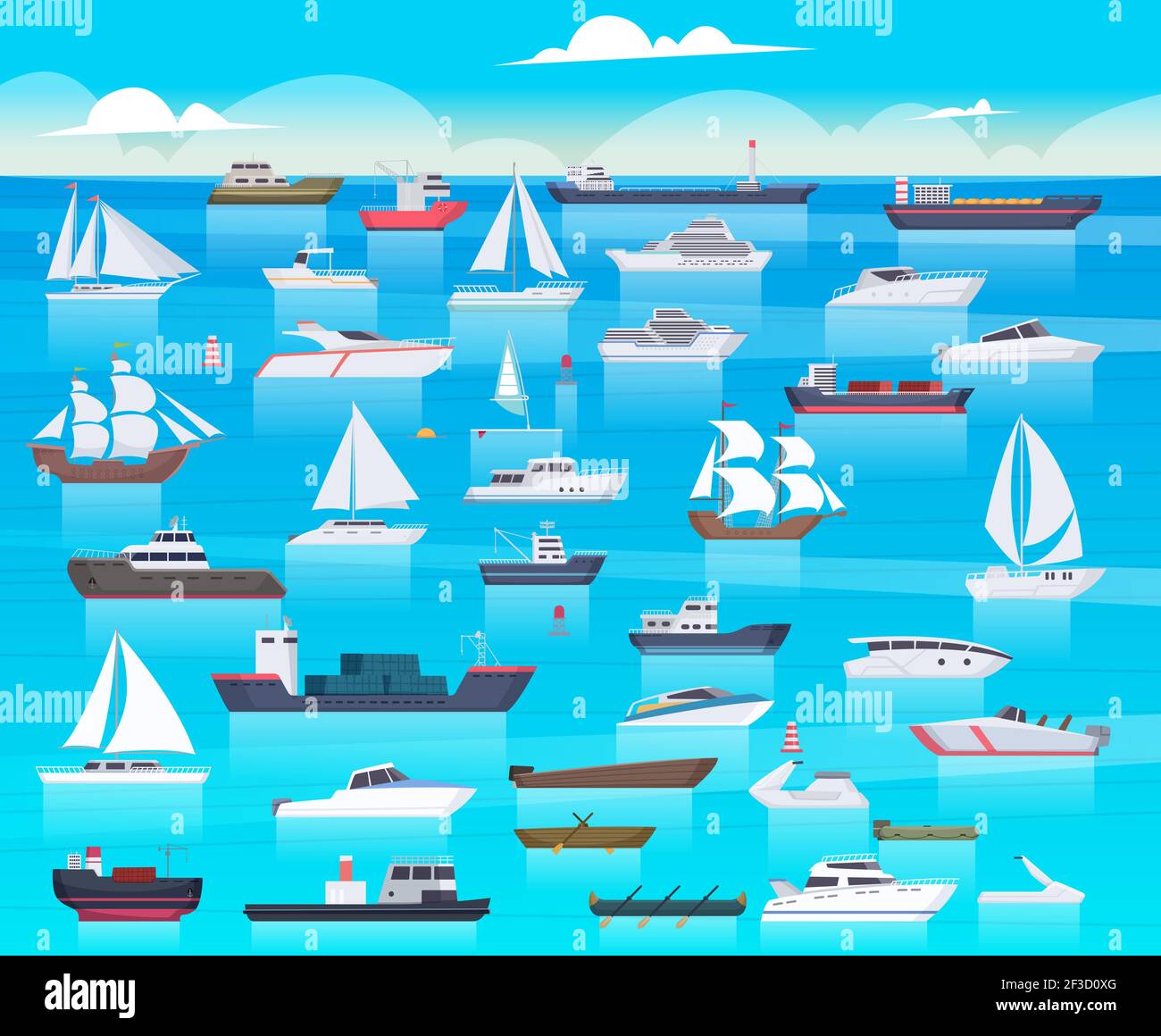 Ship in sea. Sailing boats and passenger cruise ship travel in ocean cargo submarine and yacht vector background cartoon Stock Vector