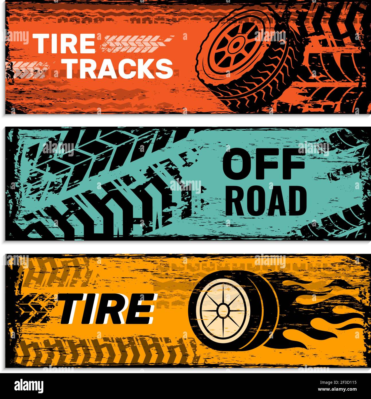 Wheels banners. Tires on road protector car dirt traces vector grunge graphics Stock Vector