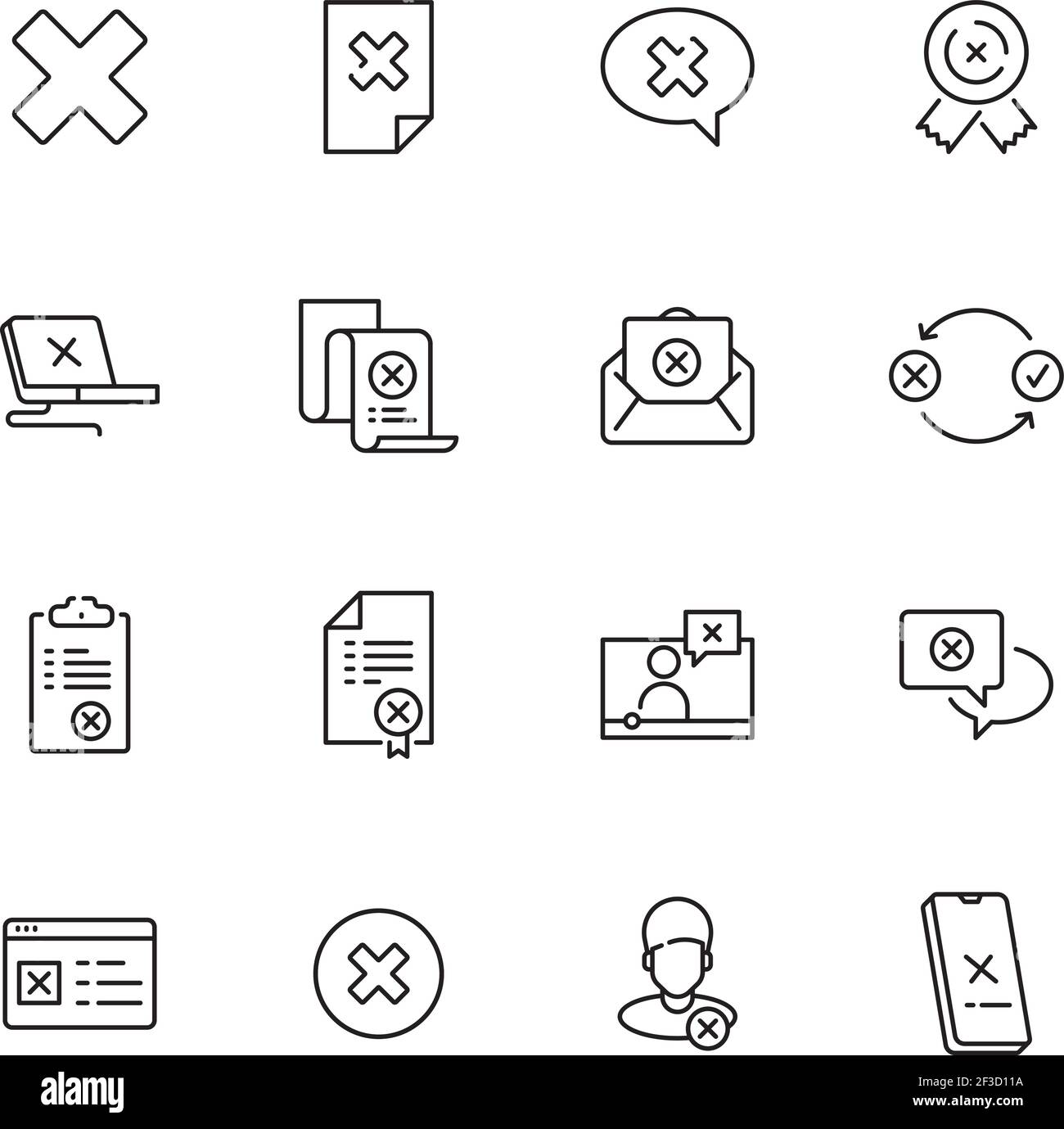 Rejected icons. Judge stamp refuses computer guarantee contract cancelled vector simple line icons collection Stock Vector