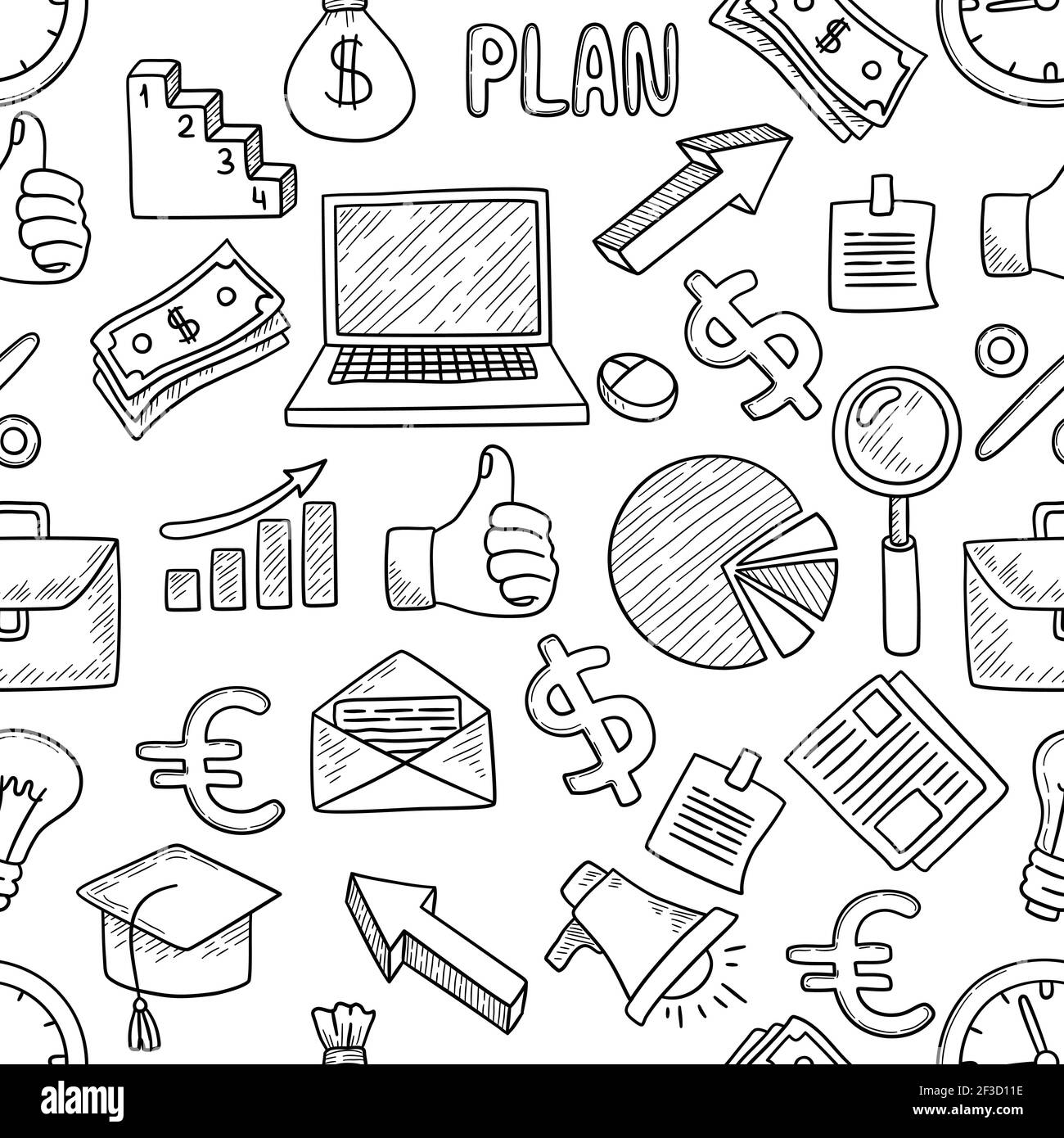 Business pattern. Office items innovation technology tools computer work ideas bulbs notes laptop managers vector seamless background Stock Vector