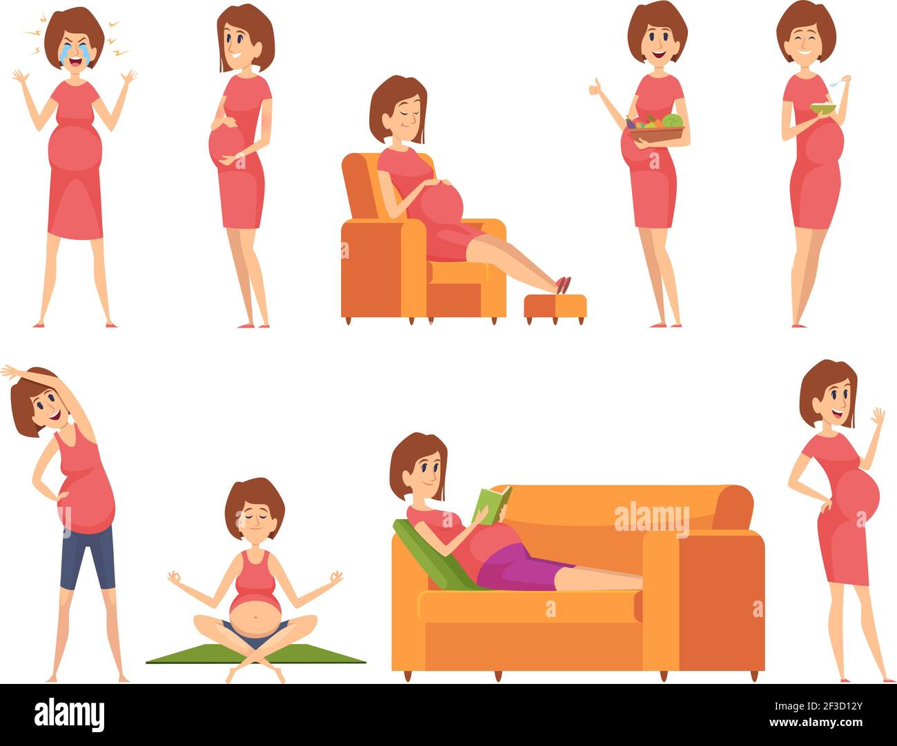 Pregnant characters. Healthy happy woman eating sleeping sporting active working pregnancy female lifestyle vector cartoon Stock Vector