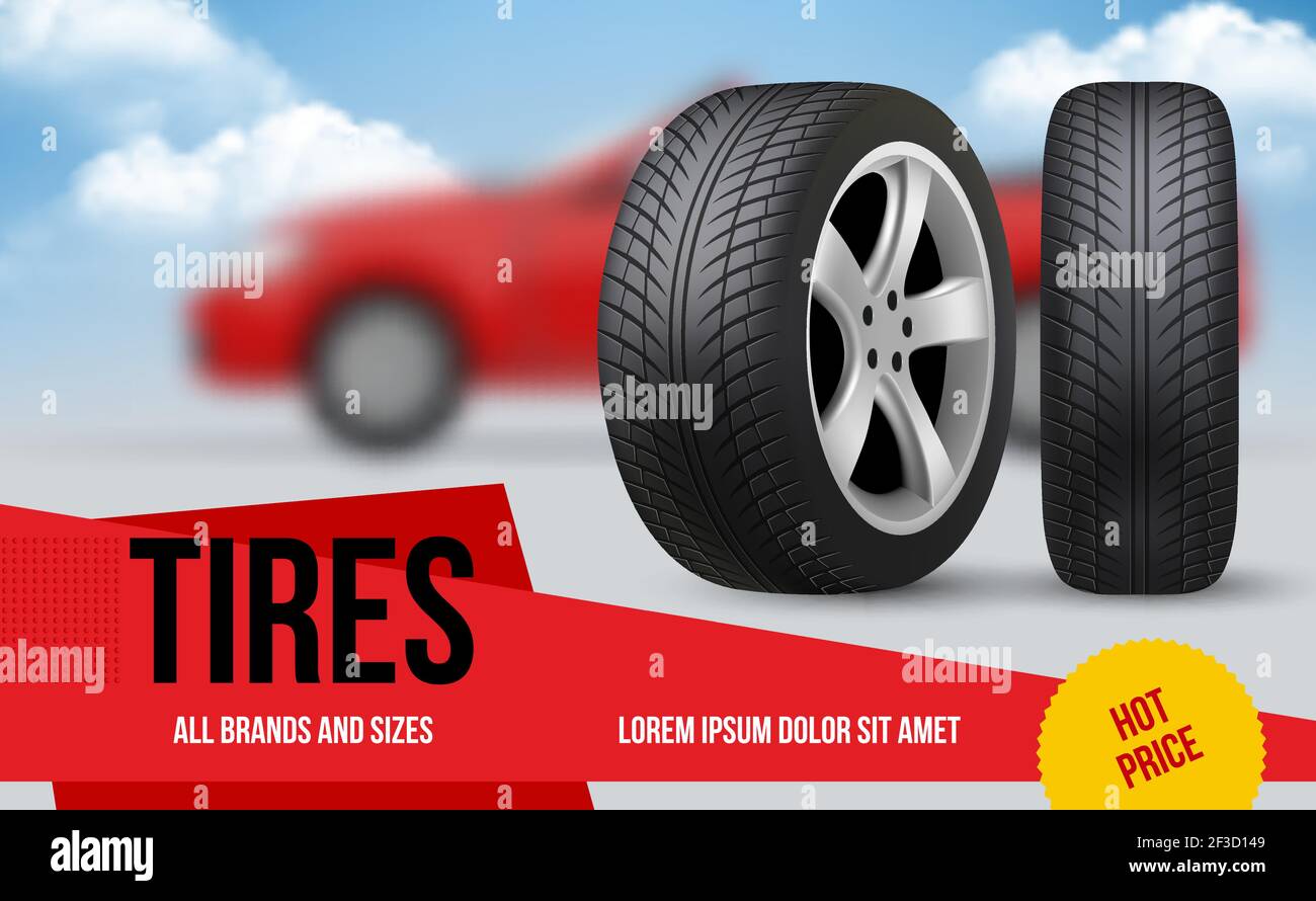 Wheel ads. Brochure template with car wheels automobile item discount for repair vector tyres pictures banners Stock Vector