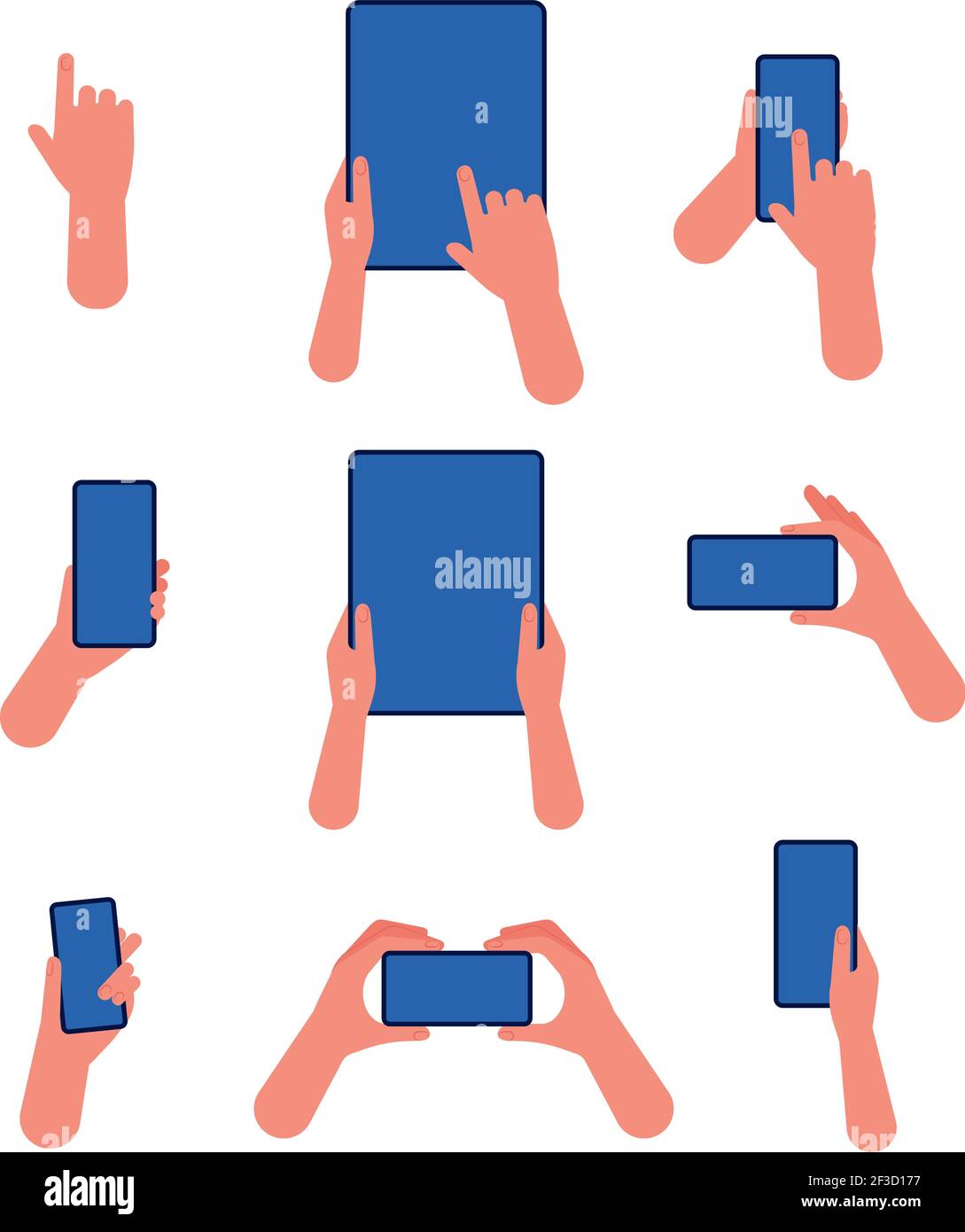 Hand with phone. Touch screen tablet and smartphone in hand pointing gestures using application modern device vector flat Stock Vector