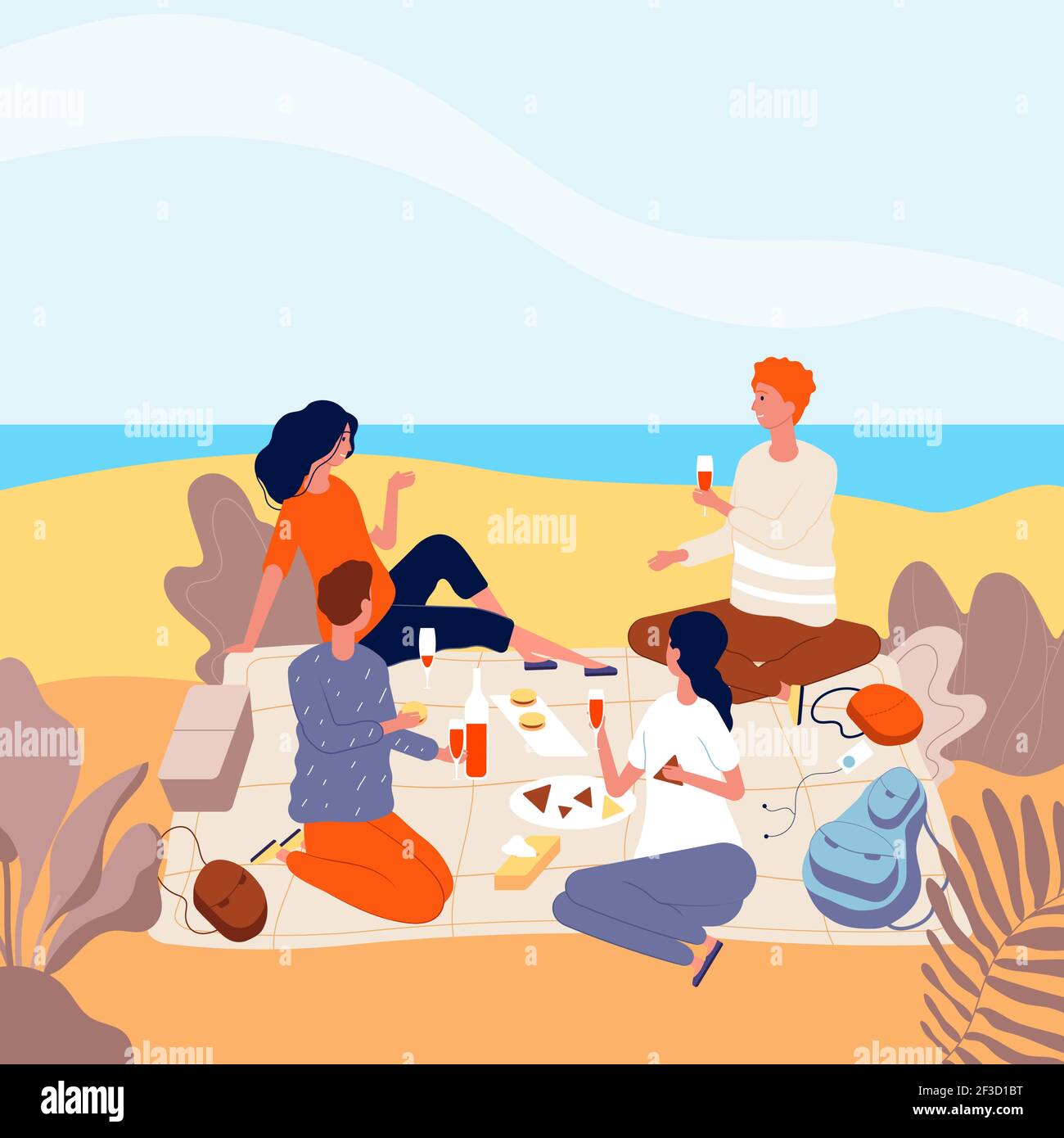Picnic seaside. Family relax at summer beach outdoor people beverage dinner funny adults picnic vector flat characters Stock Vector