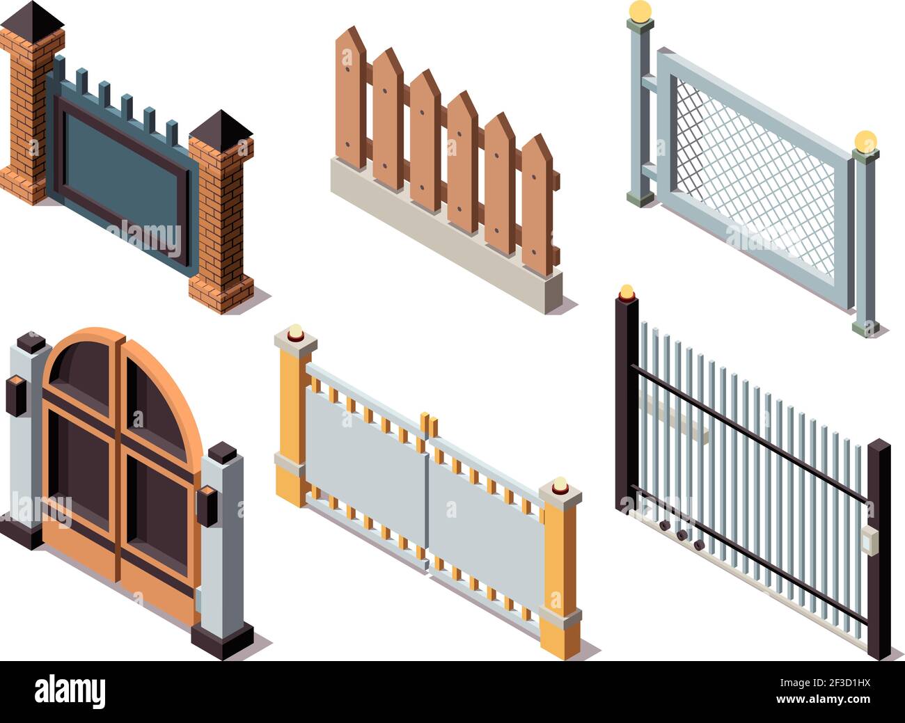Isometric fences. Residential house elements secure barriers metal and wooden fences doors protection panels vector Stock Vector