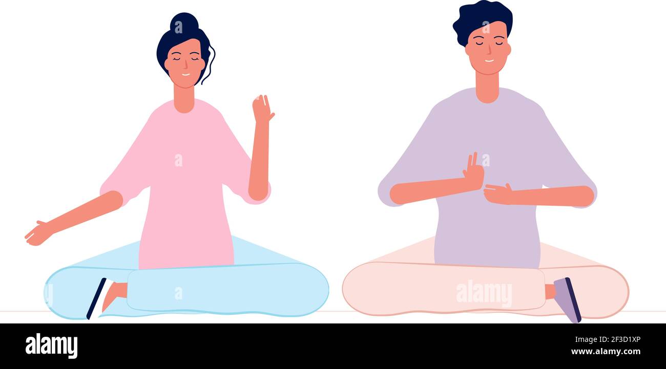 Couple meditation. Male and female characters yoga class room sitting family relation vector concept Stock Vector