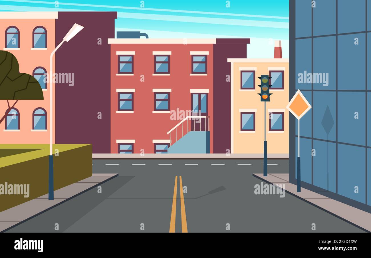 City street cartoon. Urban structure buildings crossroad vector panoramic outdoor picture Stock Vector