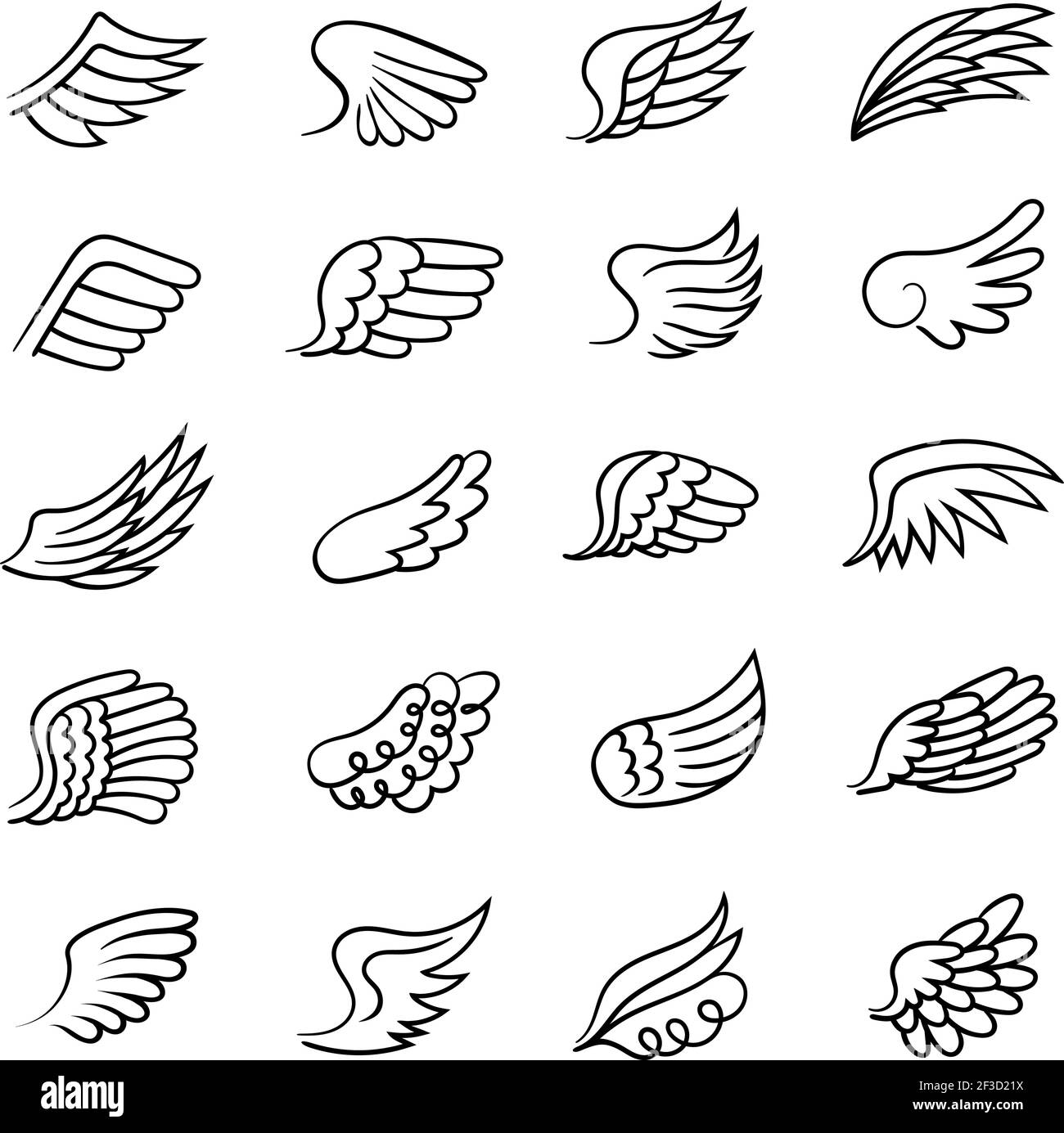 Wings. Drawing air symbols angel feather wings fly motion shapes freedom vector collection Stock Vector