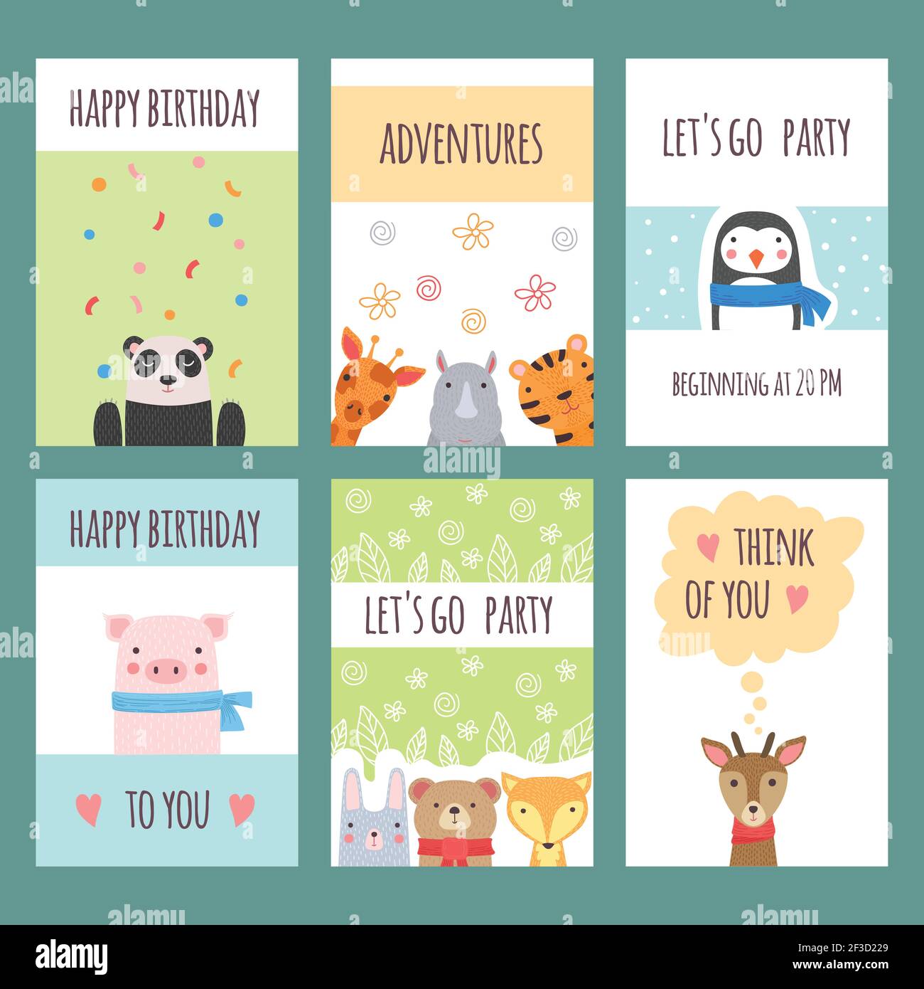 Cute animals cards. Design templates with baby wild animals kids shower labels poster placards vector Stock Vector