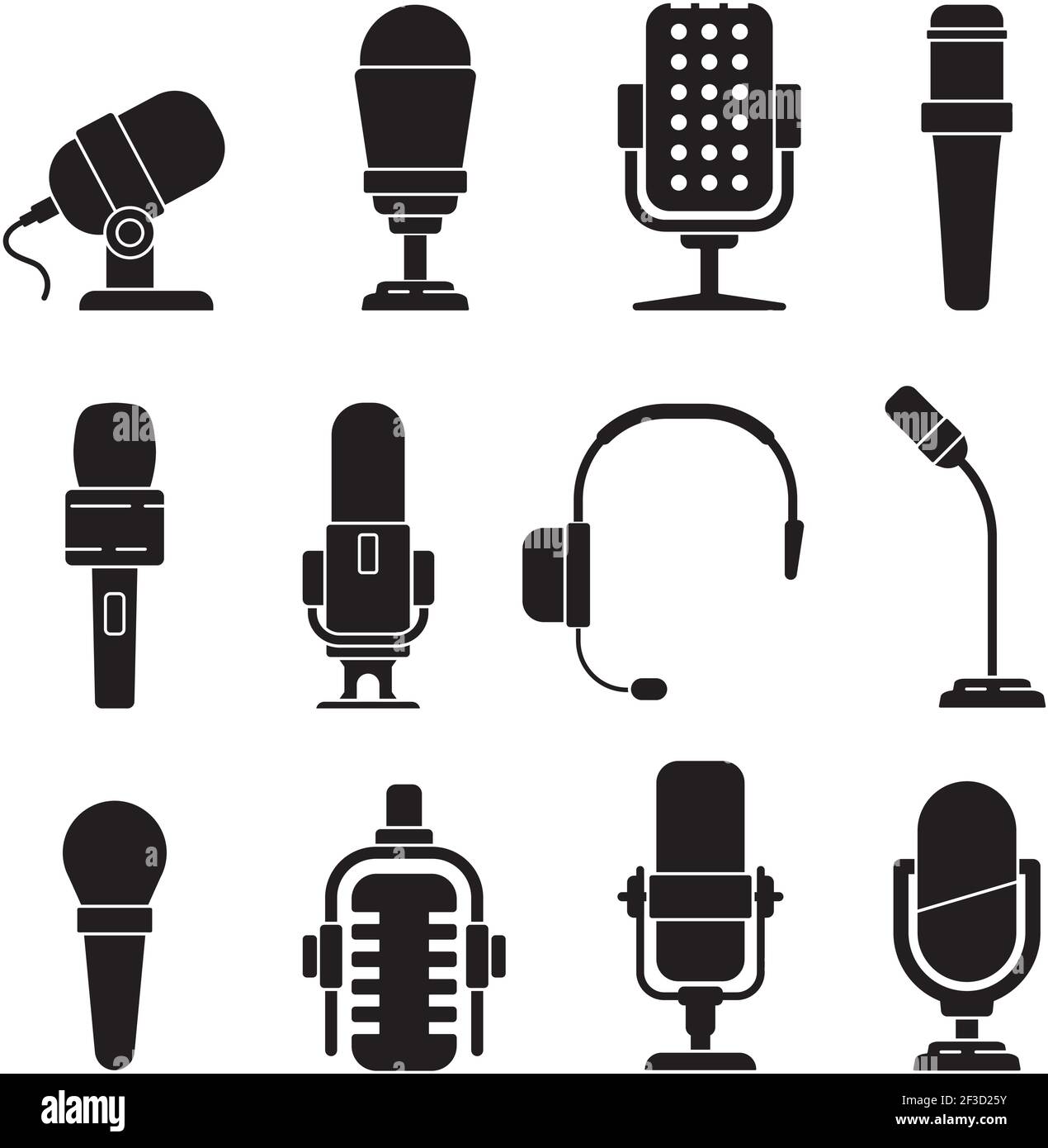 Microphone icons. Music singer items conference recorder for journalists interview tools vector silhouettes Stock Vector
