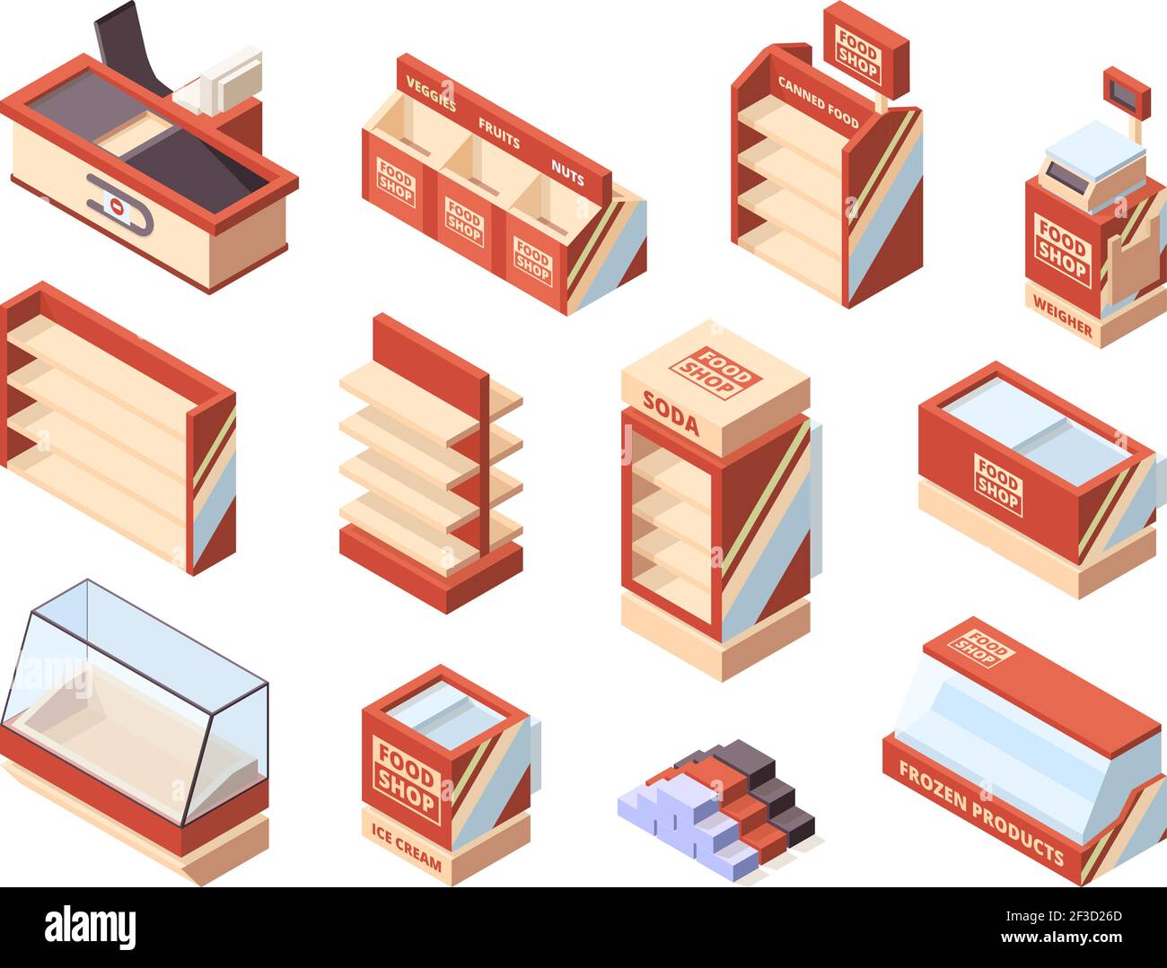 Grocery store furniture. Checkout tables shelves shopping carts fridges supermarket isometric items vector Stock Vector