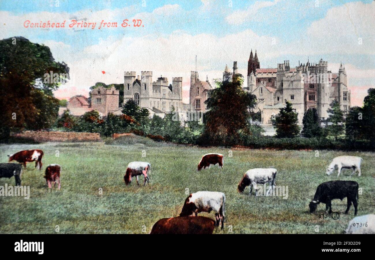 Conishead Priory from South West, Cumbria, England, United Kingdom. Antique postcard. Used postally 1920. Stock Photo