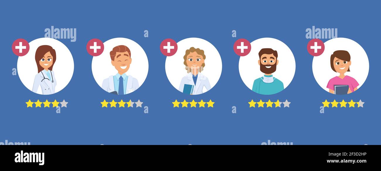 Doctors rating. Five star rating concept. Search good doctor. Medical