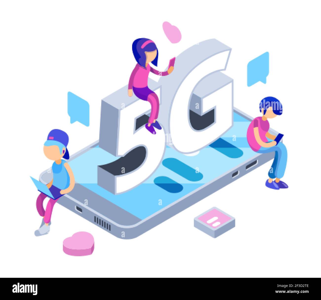Internet 5g concept. Free wifi network. Vector isometric teenagers with gadgets, smartphones, laptop Stock Vector