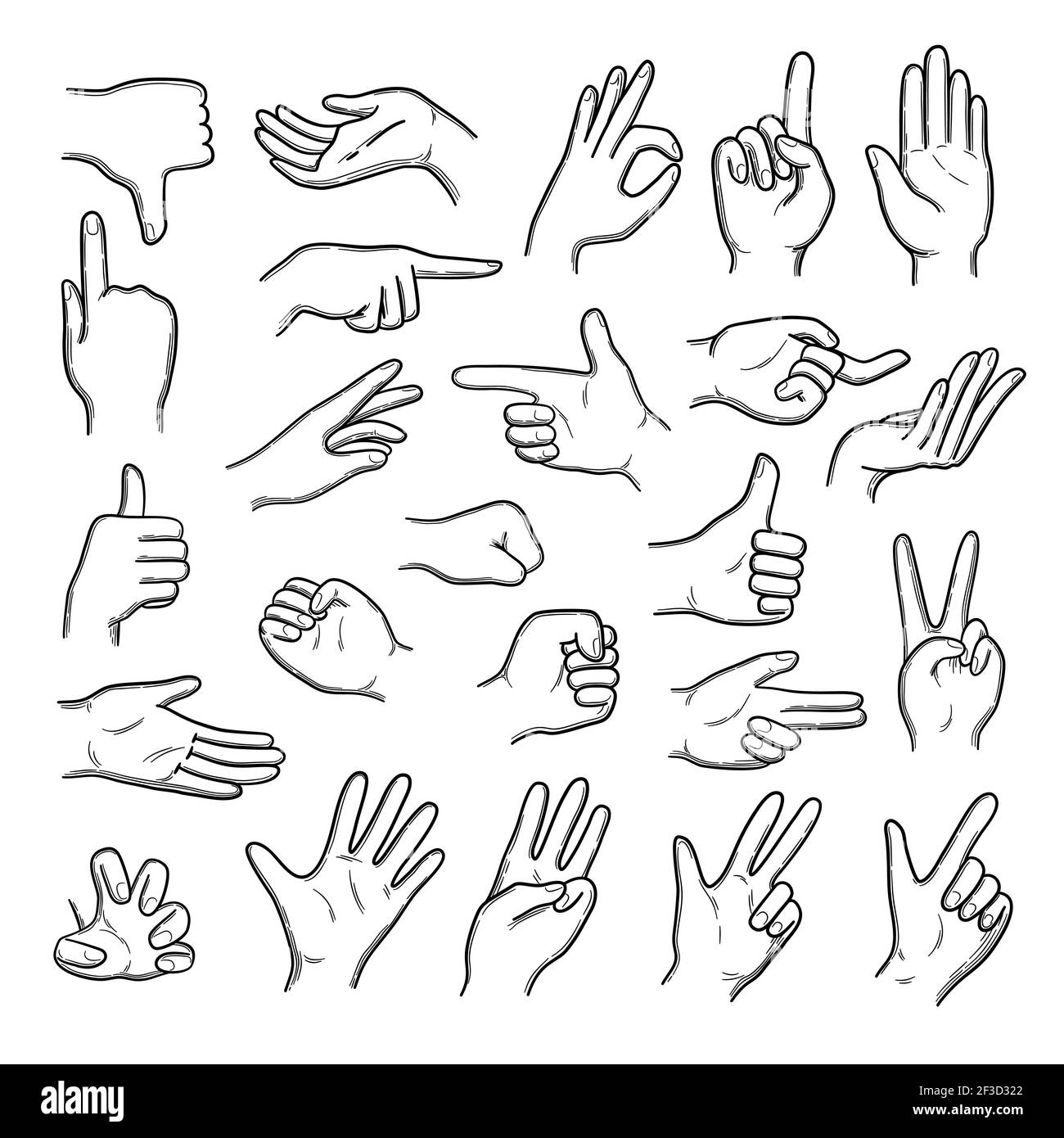 Hands gestures. Human pointing hands showing thumbs up down like best vector doodle set Stock Vector