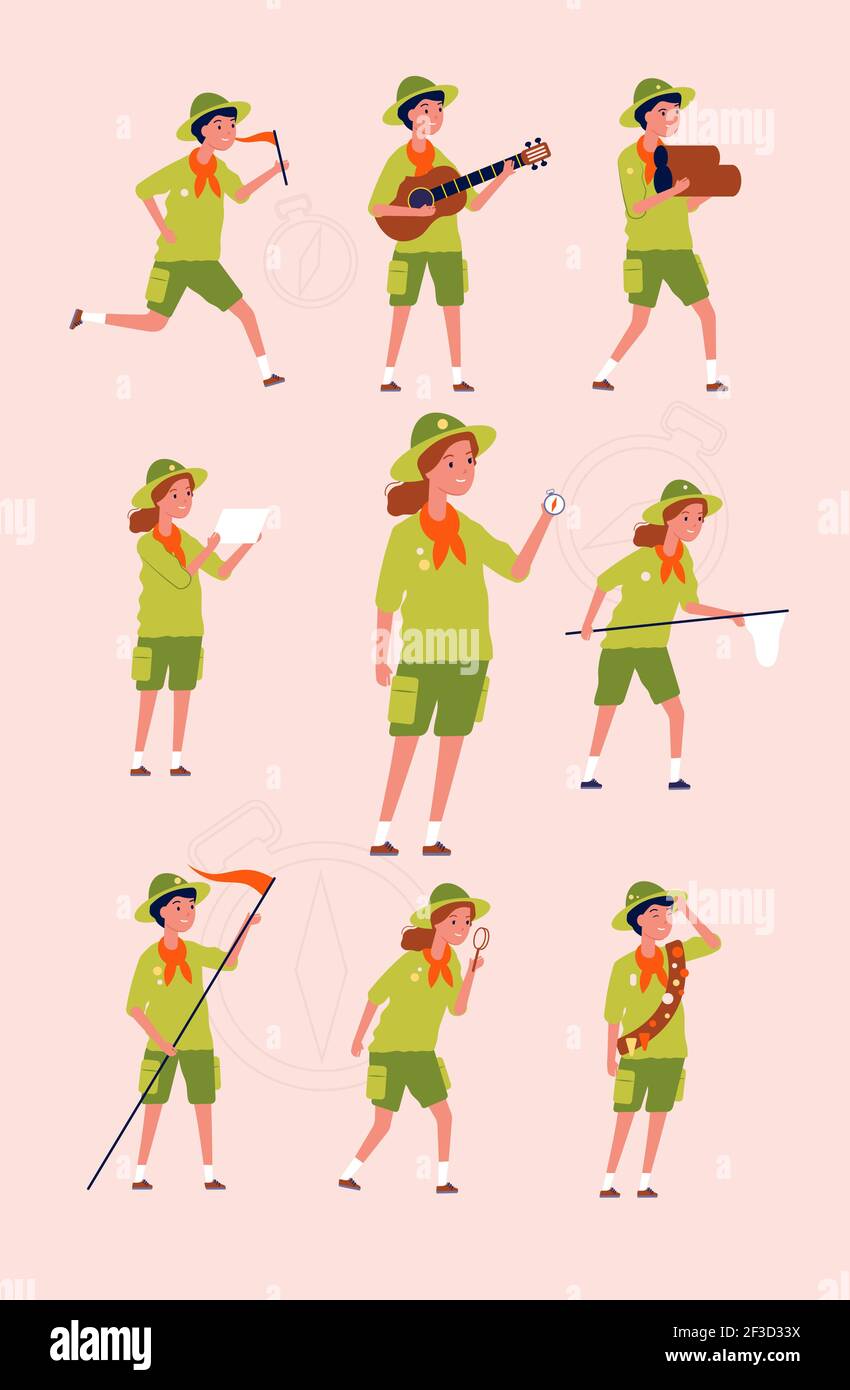 Young scouts. Kids boys and girls adventure camping specific uniforms vector flat characters Stock Vector