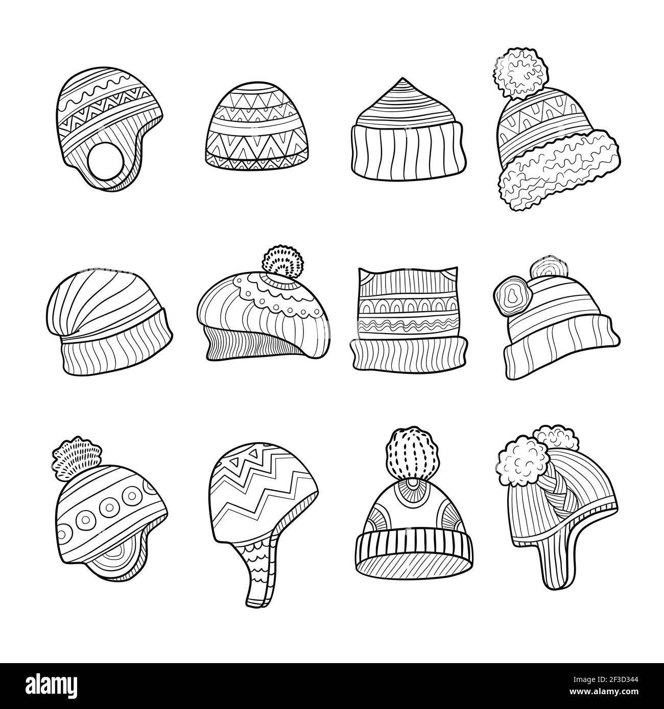 Winter hat. Cold season clothes warm ears flapping vector doodle pictures Stock Vector