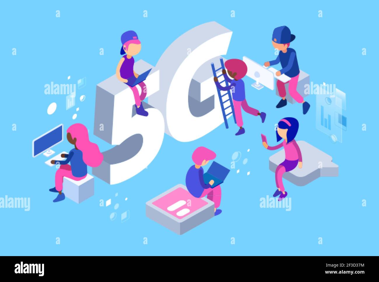 Isometric 5G network. Vector 5g wifi net. 3D different people, web developers at work Stock Vector