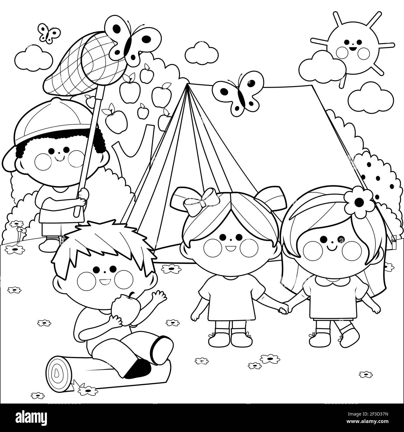 Happy children playing in a forest camping site. Black and white coloring page Stock Photo