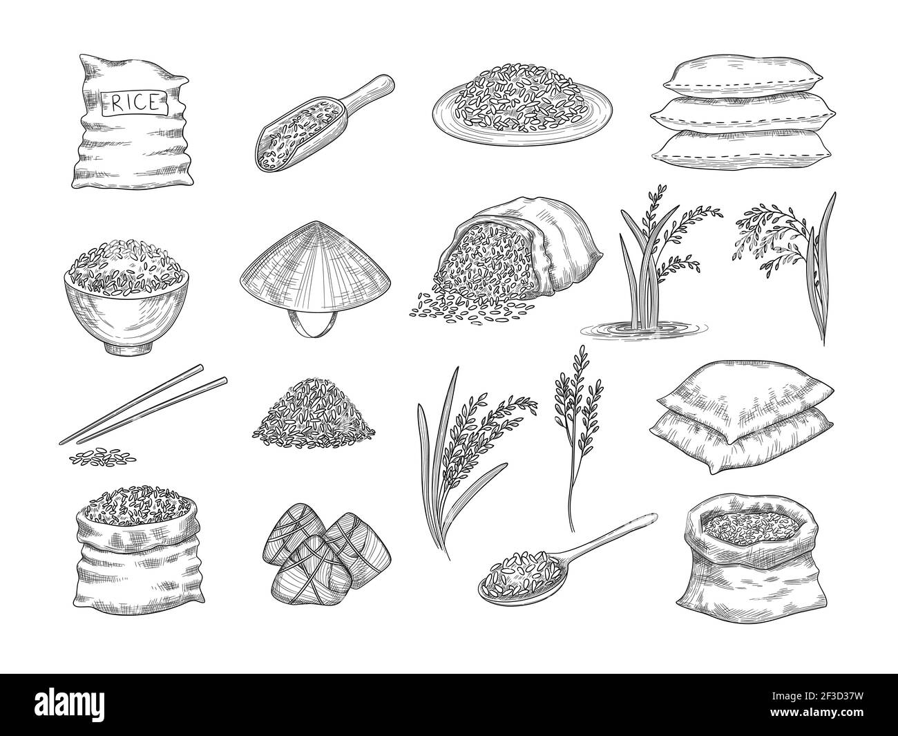 Rice sacks. Natural agriculture objects wheat grains rice food vector hand drawn collection Stock Vector