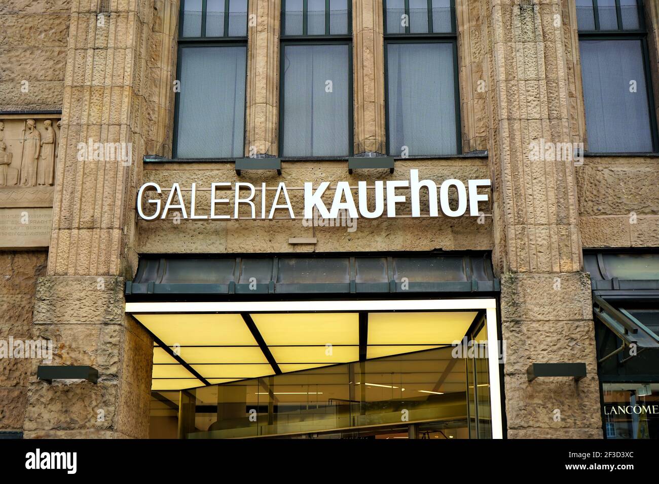 Close-up of the entrance of the epartment store 'Galeria Kaufhof' at Königsallee in Düsseldorf. Galeria Kaufhof is a German department store chain. Stock Photo