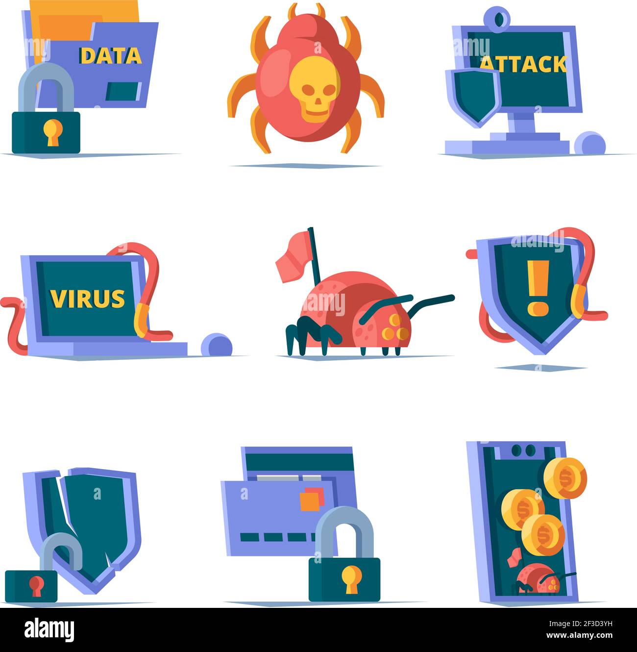 Data security. Padlock network firewall safety server online clean server cyber security vector flat icons Stock Vector