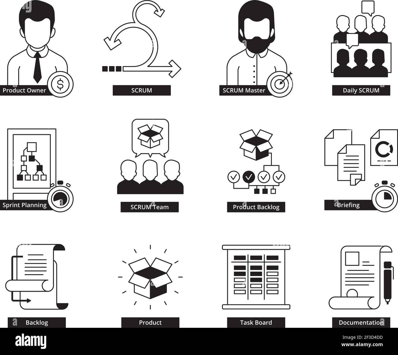 Scrum icon. Agility development methodology business processes iterative daily work master time management vector icon Stock Vector